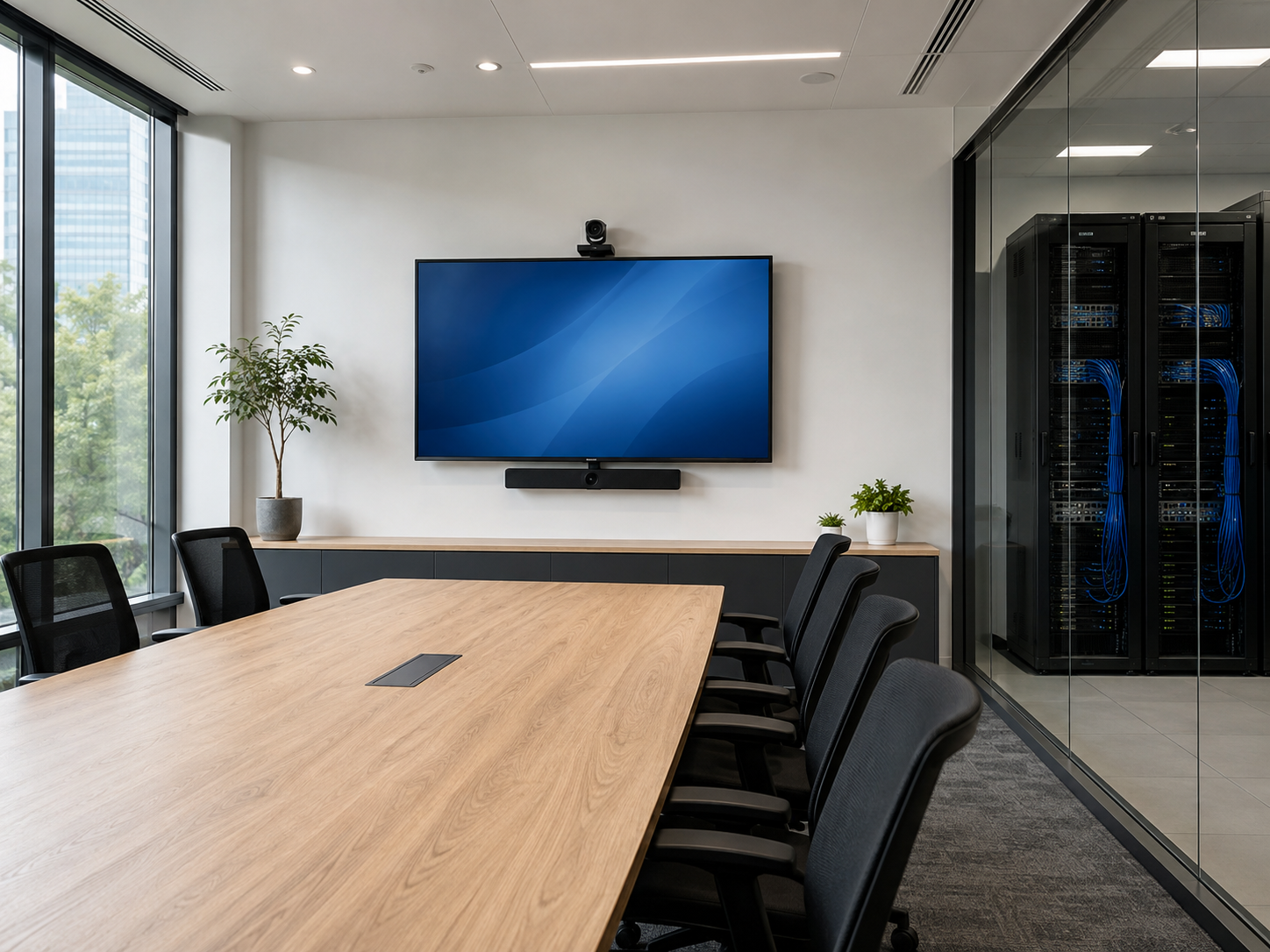 Illustrative meeting room with video conferencing equipment and network racks